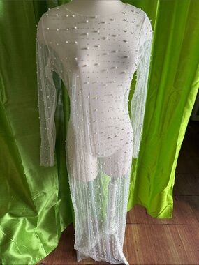 White Beaded Sheer Long Sleeve Dress